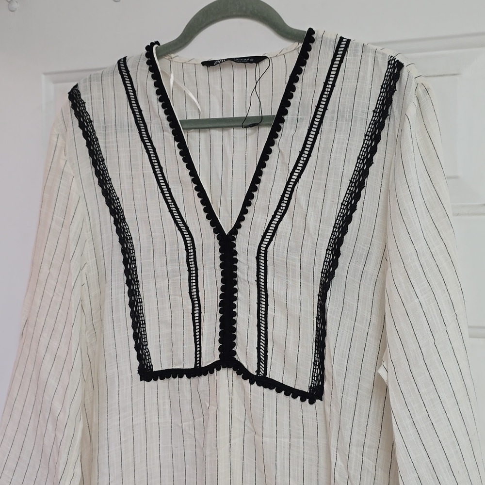 ZARA WOMAN NWT STRIPED RUSTIC KAFTAN MIDI DRESS ECRU / BLACK | 1165/156 XS-S - Picture 4 of 15